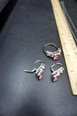 Stainless Steel Pink Stone Earrings, Ring & Necklace