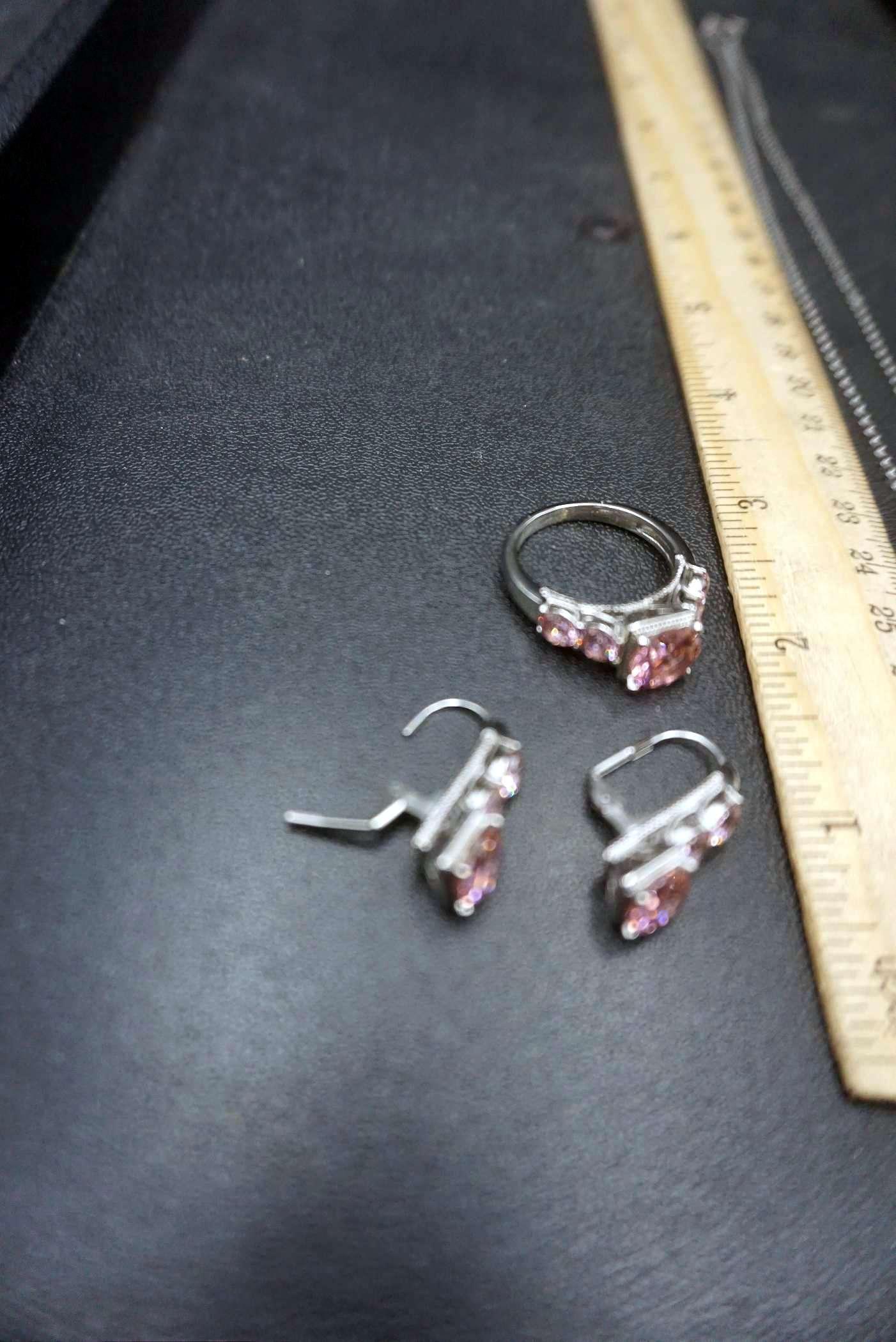 Stainless Steel Pink Stone Earrings, Ring & Necklace