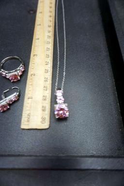 Stainless Steel Pink Stone Earrings, Ring & Necklace