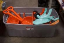 Tote W/ (New) Small Plastic Wheelbarrows & Shovels