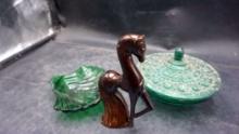 Horse Figurine, Green Glass Leaf Dish, Unique Green Lidded Dish