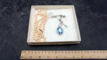 Pearl Necklace & Silver-Toned Necklace W/ Blue Stone