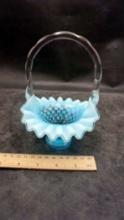 Blue Hobnail Handled Basket W/ Ruffled Top