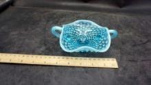 Blue Hobnail Ruffled Bowl W/ Handles