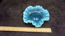 Blue Hobnail Ruffled Bowl