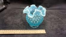 Blue Hobnail Ruffled Vase
