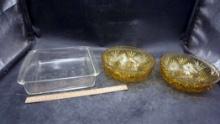 Pyrex Glass Baking Dish & 2 Amber Glass Bowls