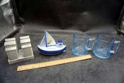 Unsung Heroes Farmers Elevator Sculpture, Lund Sailboat Figurine, Humpty Dumpty Glasses