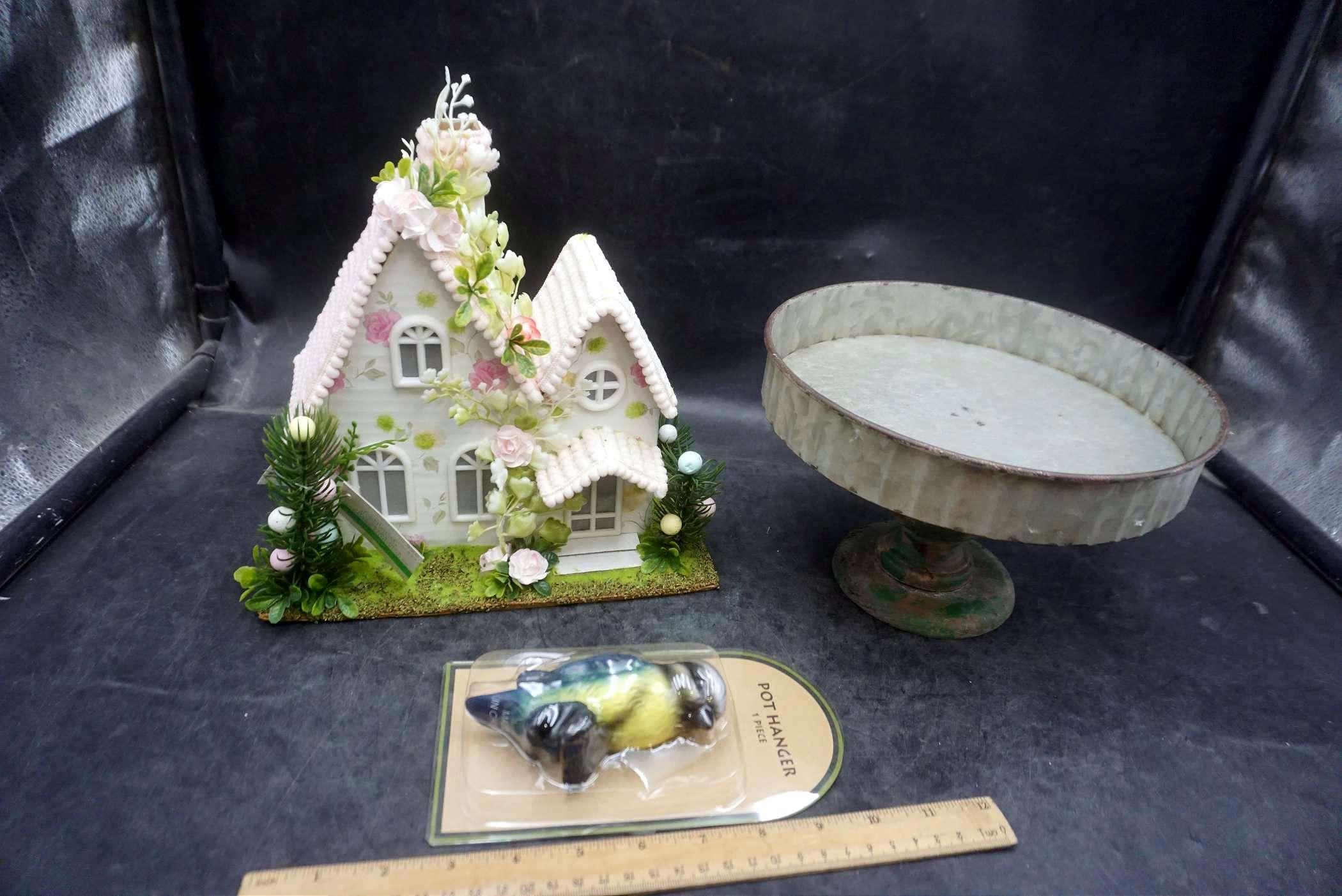 Pot Hanger Bird, Galvanized Cake Stand & Cottage House