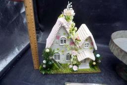 Pot Hanger Bird, Galvanized Cake Stand & Cottage House