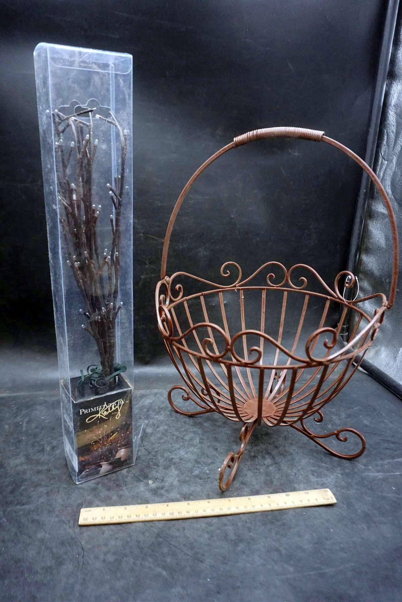 Footed Metal Basket W/ Handle & Lighted Twig Like Sprigs