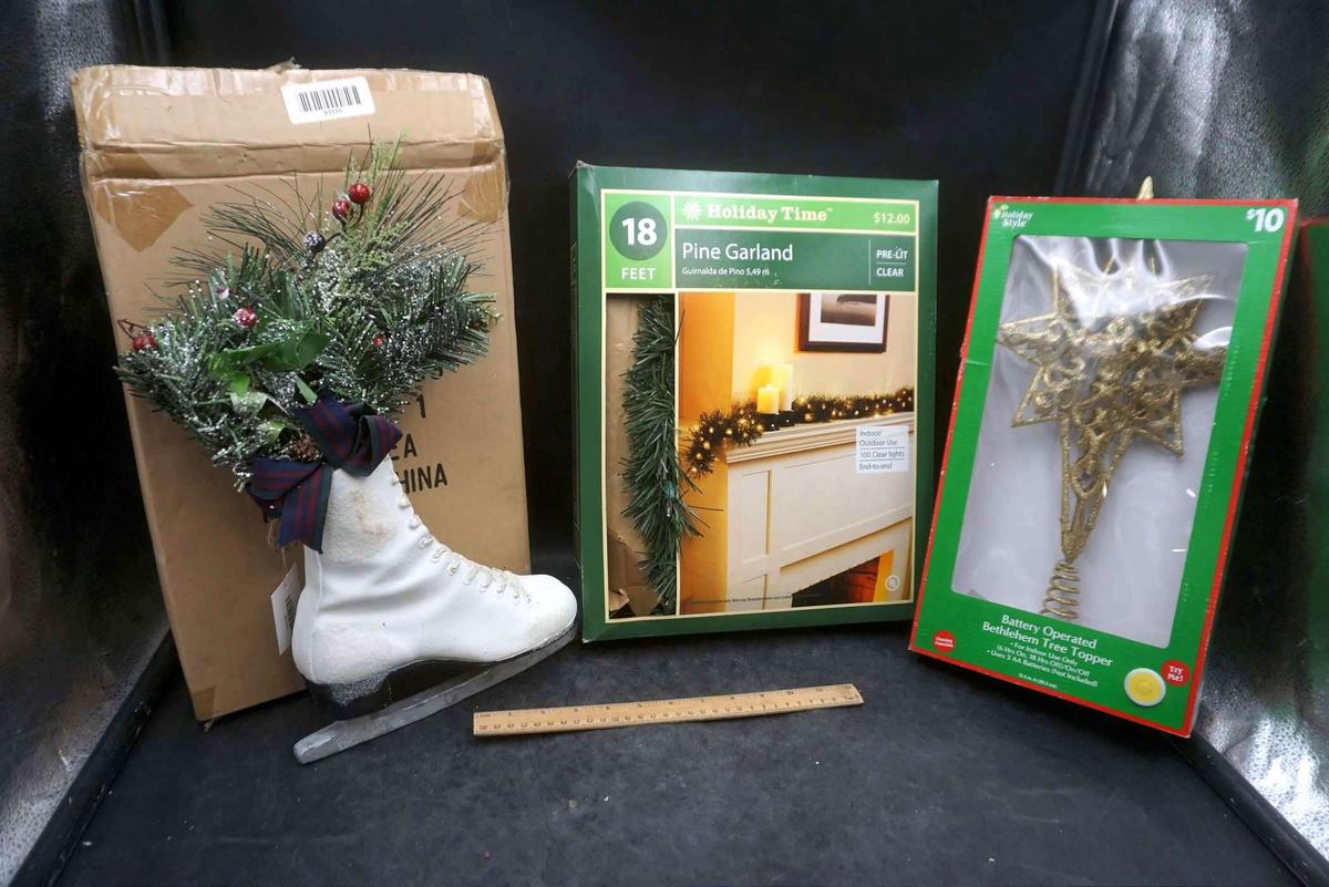 Ice Skate Christmas Decoration, 18 Ft. Pine Garland & Battery Operated Bethlehem Tree Topper