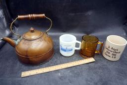 Copper Tea Kettle & 3 Mugs