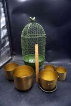 Decorative Green Bird Cage & Brass Colored Candle Holders/Planters