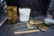 Brass Planter, White Planter, Brass Leaves & Blue Vase