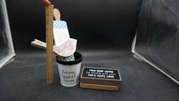 Small Planters, Wooden Signs & Wooden Bird Figurine