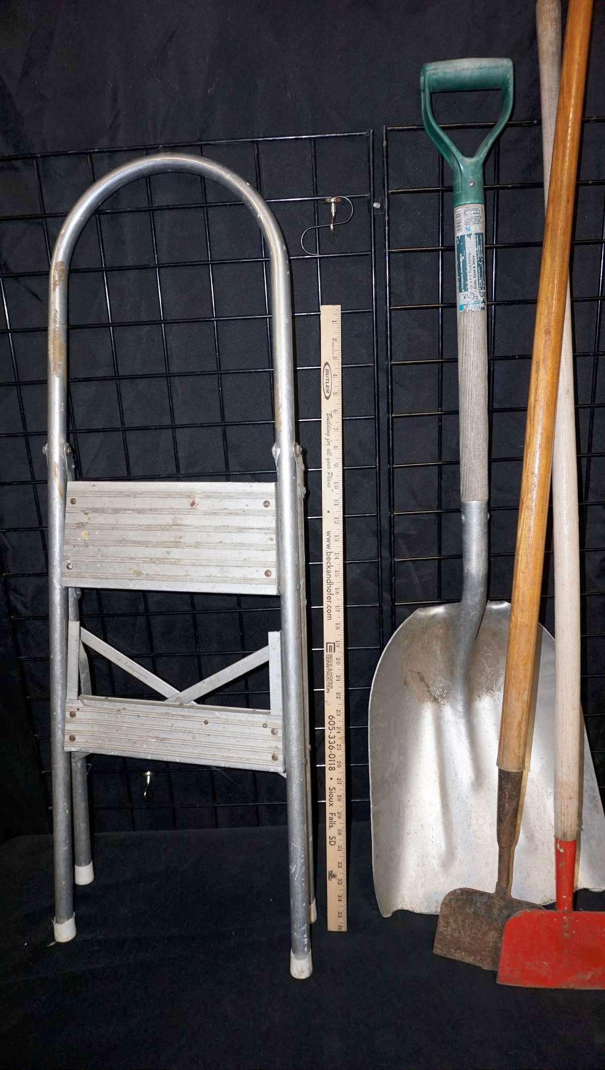 Aluminum Step Ladder, Grain Scoop & Hand Tools