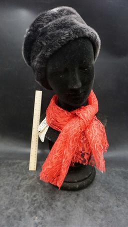 Red Lace Remnant Scarf, Styrofoam Head & Fur Hat