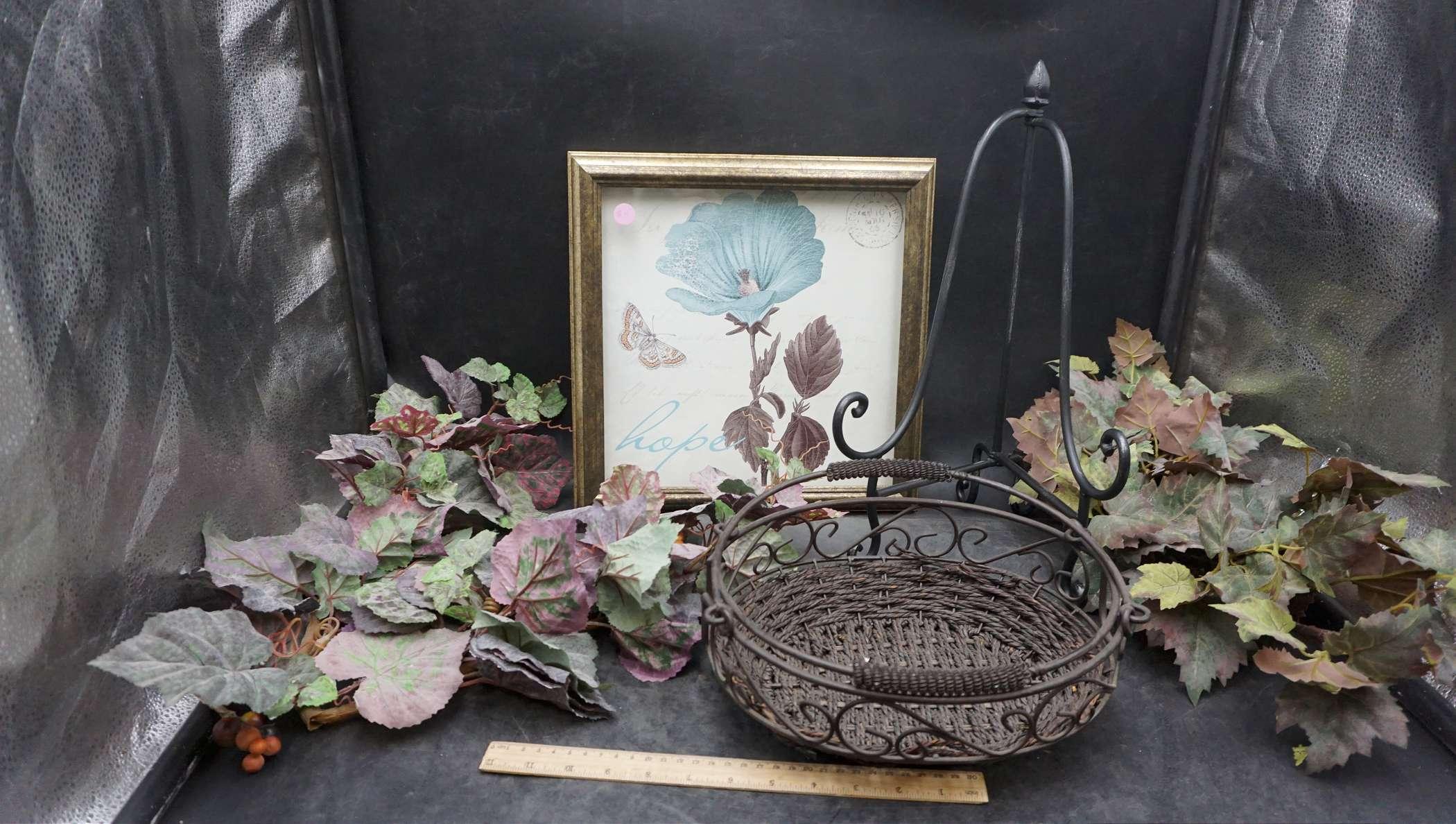 Faux Plants, Framed Flower Pictures, Metal Stand, Decorative Basket