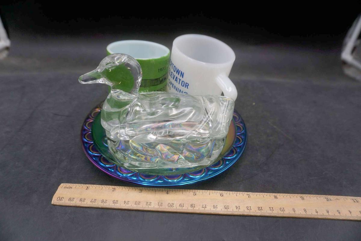 Iridescent Plate, Emery & Watertown Sd Mugs, Buttons, Duck Candy Dish