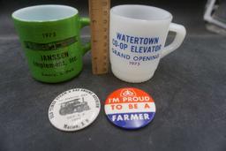 Iridescent Plate, Emery & Watertown Sd Mugs, Buttons, Duck Candy Dish