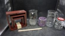 Wooden Shelves, Glass Vase, Pitcher, Candy Holder & Glass Bear