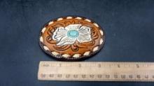 Tony Lama Flower Leather Belt Buckle