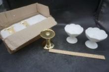 Milk Glass Dishes, Brass Colored Candlestick Holders