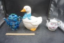 Blue Fruit Pitcher (Cracked), Goose Cookie Jar, Teapot