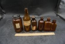 6 - Brown Glass Bottles & Jars