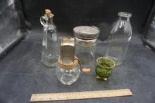 Milk Bottle, Nut Meat Chopper W/ Jar, Decanter, Footed Green Glass Planter