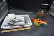 Grater, Measuring Cups, Scissors, Bin W/ Silverware & Utensils