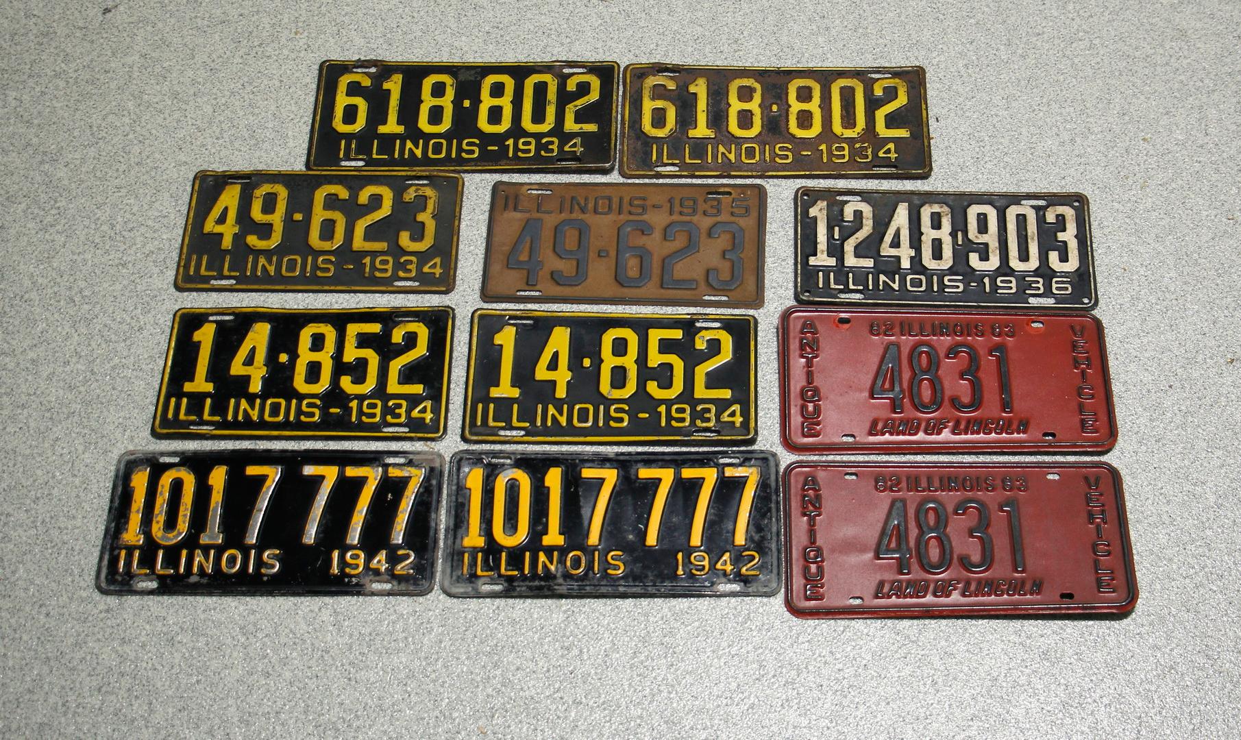 1930s-1940s, two 1980s Vintage Illinois License Plates