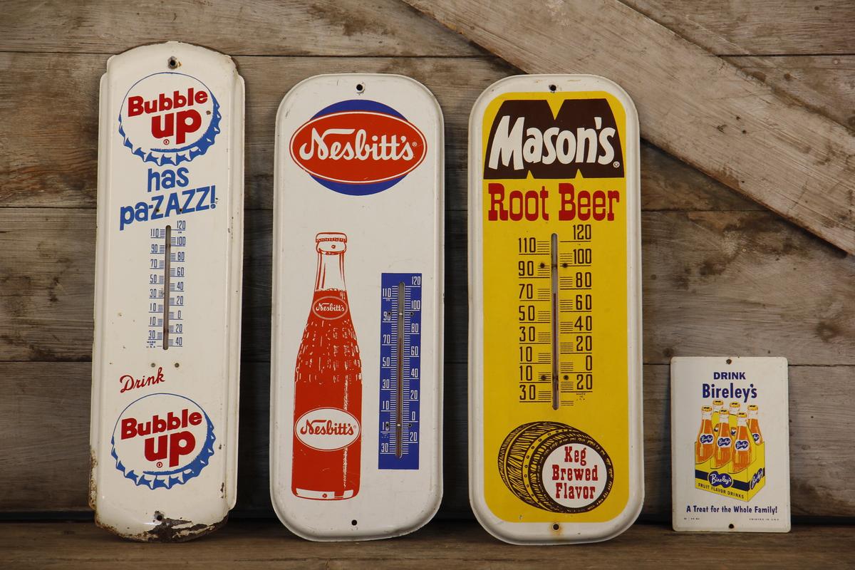 Lot of 4 Mason's Bubble Up, Nesbitt's & Bireley's Thermometer Signs