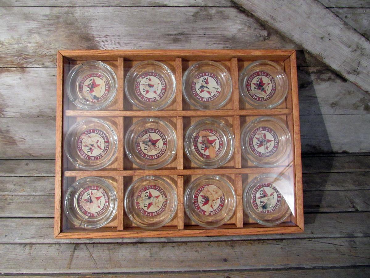 12 Texaco Replica Glass Ashtrays Pin Up Women in Wood Case