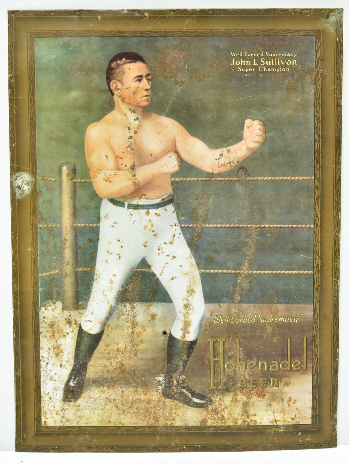 Early John L Sullivan Boxing Hohenadel Beer Tin Over Cardboard Litho Self Framed Sign