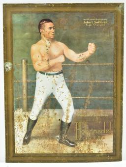 Early John L Sullivan Boxing Hohenadel Beer Tin Over Cardboard Litho Self Framed Sign