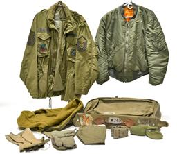 Lot of WWII Clothing Bag and Leggings, Cold War Fatigue Blouse, Flight Jacket, Cold Weather Mittens