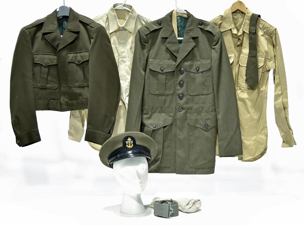 Collection Lot of WWII U.S. Navy Collection of Service Jackets and Shirt with Cap