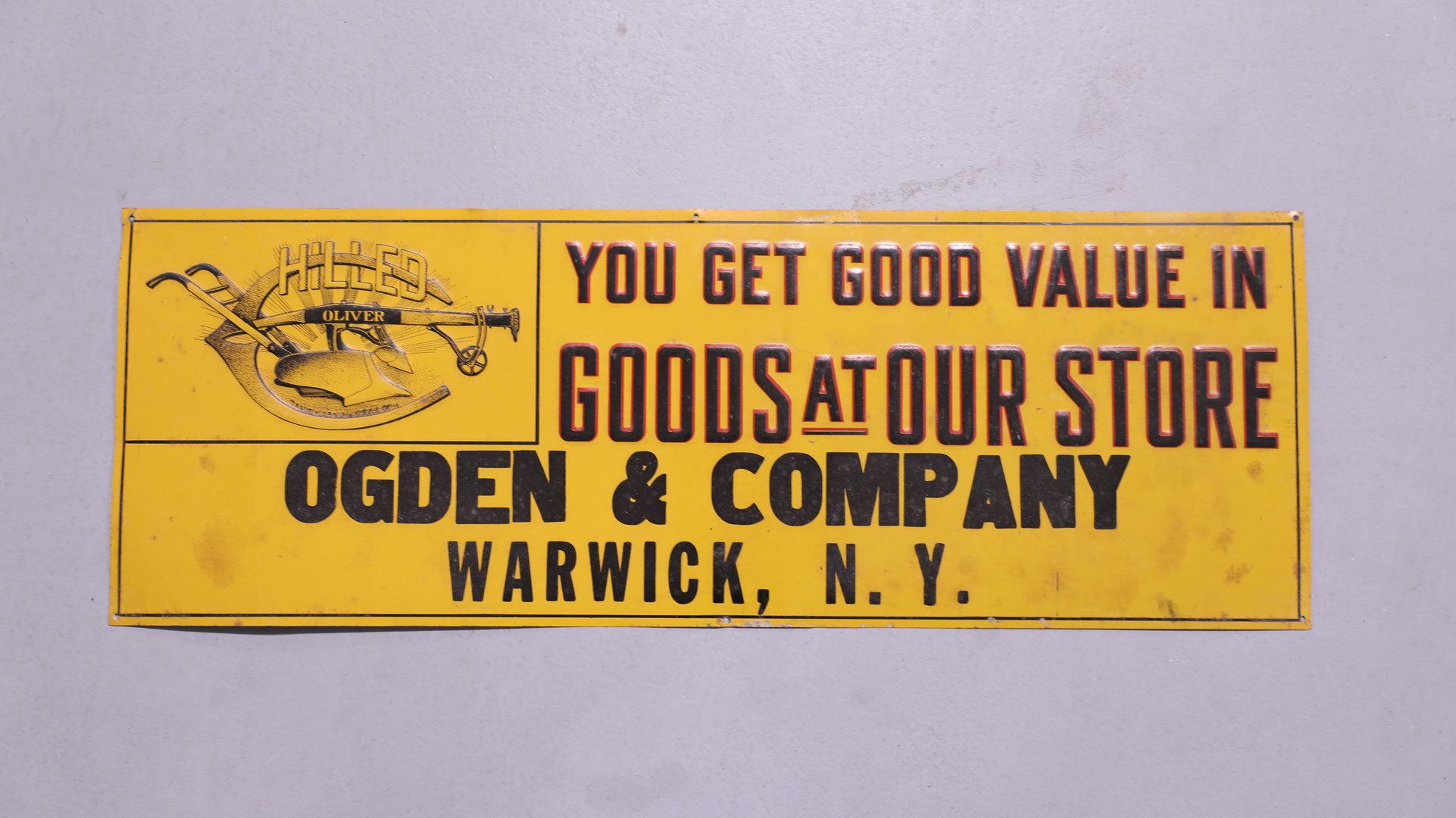 Hilled OLIVER Plow Ogden & Co Warwick, NY Embossed Tin Tacker Sign