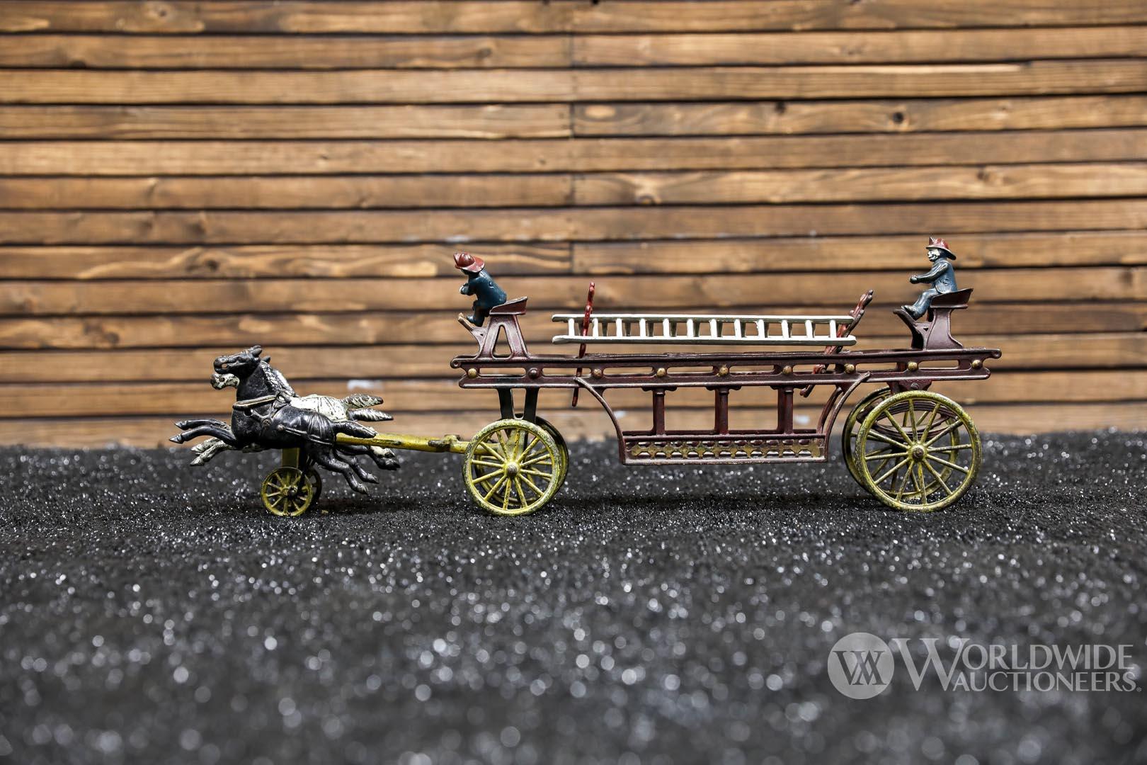 Late 1890s Cast Iron Horsedrawn Fire Ladder Wagon Toy