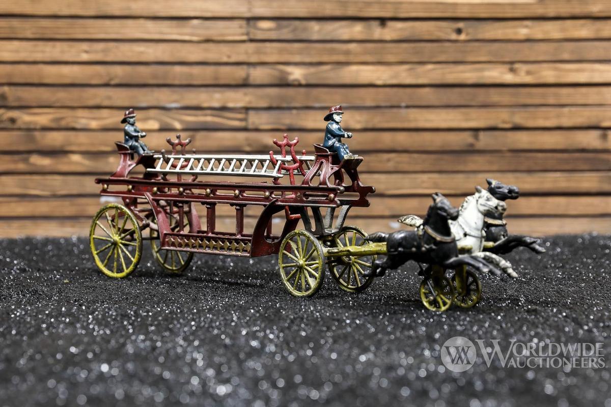 Late 1890s Cast Iron Horsedrawn Fire Ladder Wagon Toy