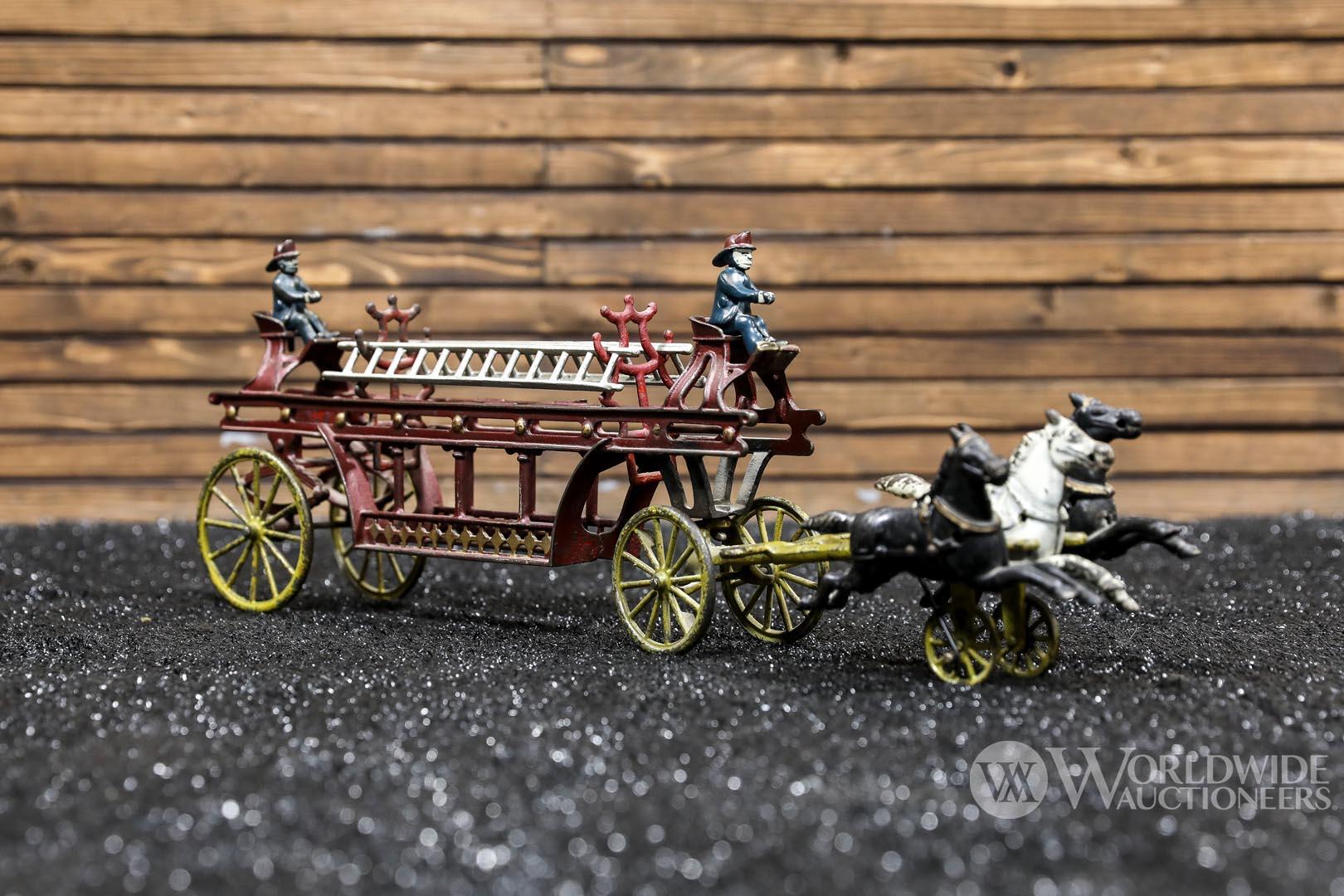 Late 1890s Cast Iron Horsedrawn Fire Ladder Wagon Toy