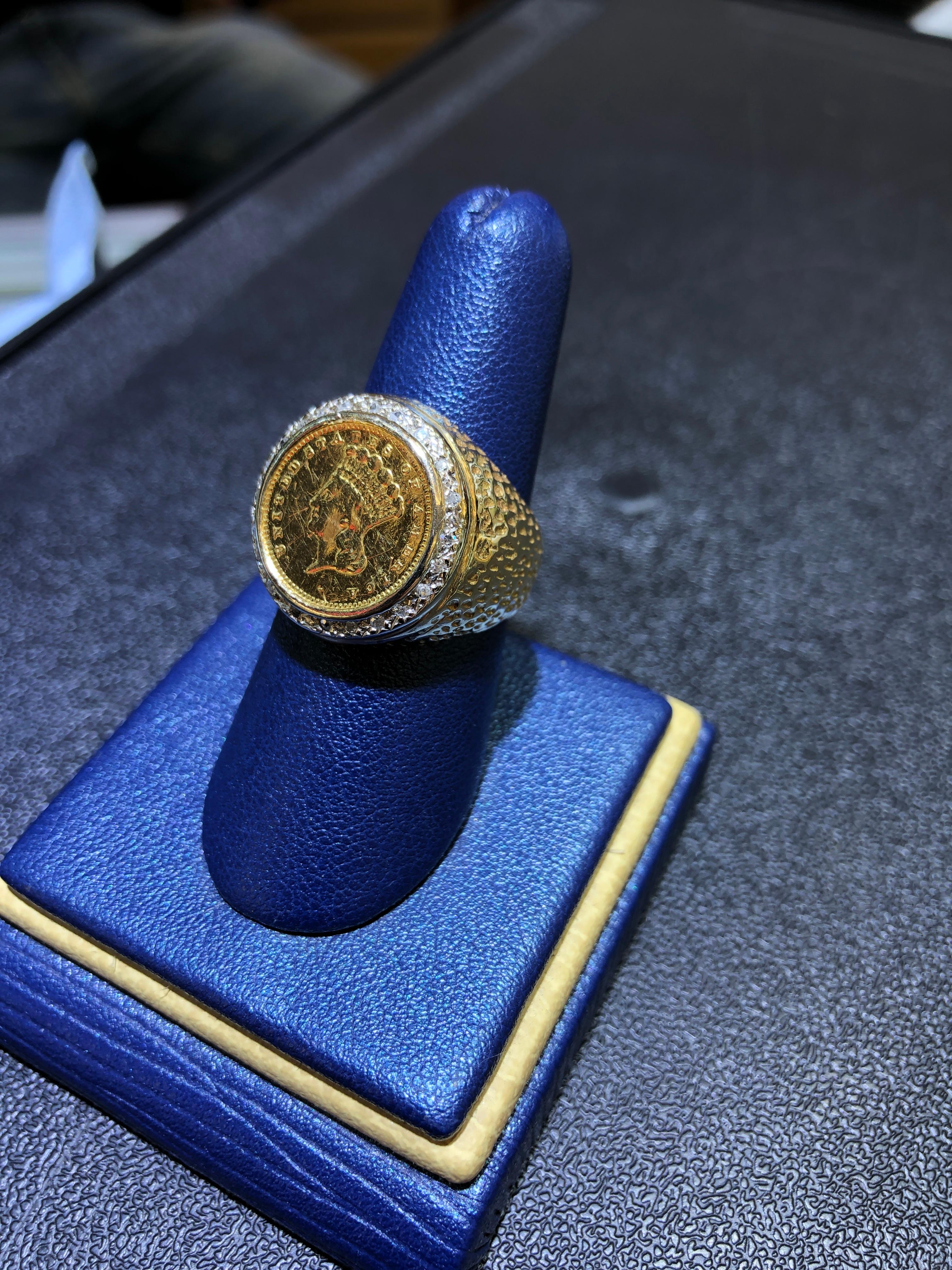 14k Gold Coin Ring W/ Diamonds Setting