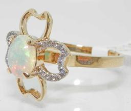 14k Opal  Diamond Clover Ring