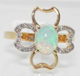 14k Opal  Diamond Clover Ring