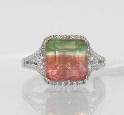 14K Gold  Watermelon Tourmaline Diamond Ring