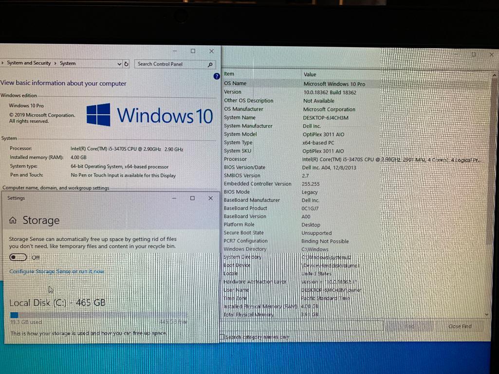 Dell Optiplex 3011 20" LCD Intel i5-3470S 2.9GHz 4GB 500GB Win 10 AIO Desktop Computer