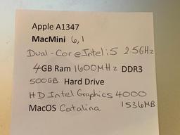 Apple MacMini 6,1 A1347 Intel i5 Dual Core 2.5GHz 4GB 500GB MacOS Catalina Mini Desktop Computer