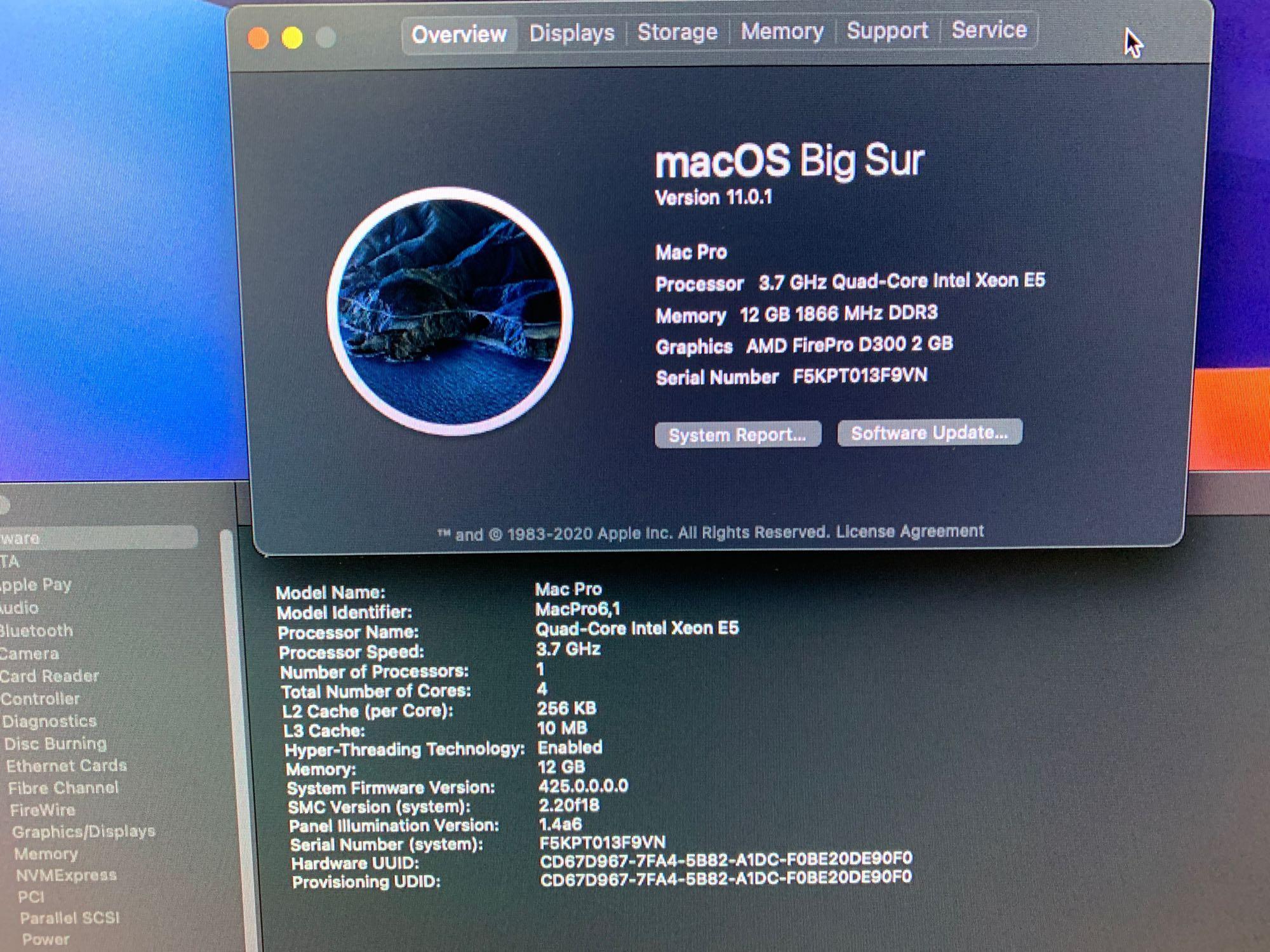 Apple A1481 Mac Pro Quad 3.7GHz Intel Xeon E5 12GB 500GB AMD FirePro BigSur Desktop Computer